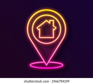 Glowing neon line Map pointer with house icon isolated on black background. Home location marker symbol.  Vector Illustration