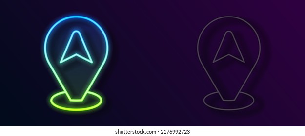 Glowing neon line Map pointer with taxi car icon isolated on black background. Location symbol.  Vector