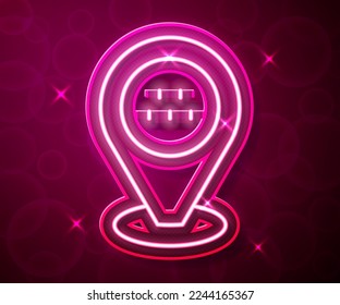Glowing neon line Map pointer with taxi car icon isolated on red background. Location symbol.  Vector