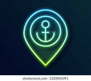 Glowing neon line Map pointer with anchor icon isolated on black background.  Vector