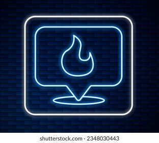 Glowing neon line Map pointer with fire flame icon isolated on brick wall background. Fire nearby.  Vector