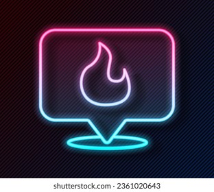 Glowing neon line Map pointer with fire flame icon isolated on black background. Fire nearby.  Vector