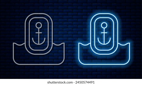 Glowing neon line Map pointer with anchor icon isolated on brick wall background.  Vector