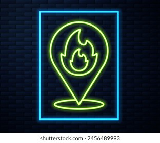 Glowing neon line Map pointer with fire flame icon isolated on brick wall background. Fire nearby.  Vector