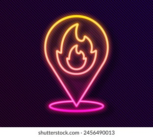 Glowing neon line Map pointer with fire flame icon isolated on black background. Fire nearby.  Vector