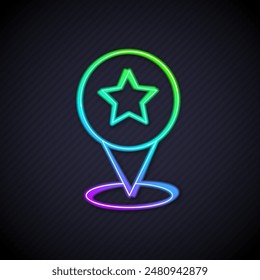 Glowing neon line Map pointer with star icon isolated on black background. Star favorite pin map icon. Map markers.  Vector