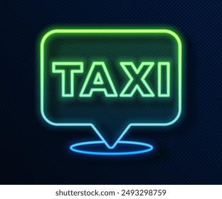 Glowing neon line Map pointer with taxi icon isolated on blue background. Location symbol.  Vector