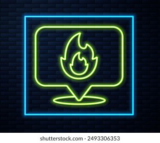 Glowing neon line Map pointer with fire flame icon isolated on brick wall background. Fire nearby.  Vector