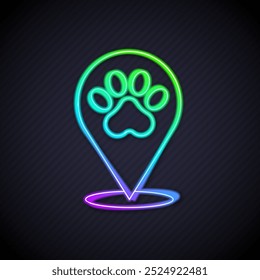 Glowing neon line Map pointer with veterinary medicine hospital, clinic or pet shop for animals icon isolated on black background. Veterinarian clinic.  Vector