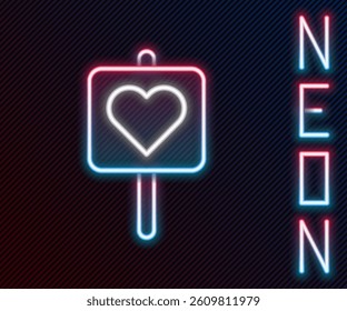 Glowing neon line Map pointer with heart icon isolated on black background. Valentines day. Love location. Romantic map pin. Colorful outline concept. Vector