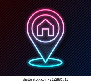 Glowing neon line Map pointer with house icon isolated on black background. Home location marker symbol.  Vector