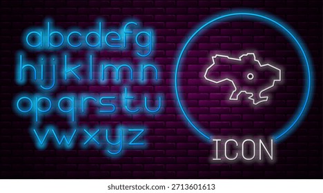 Leuchtende Neonlinie Karte der Ukraine Symbol einzeln auf Ziegelsteinwand Hintergrund. Neonlichtalphabet. Vektorgrafik