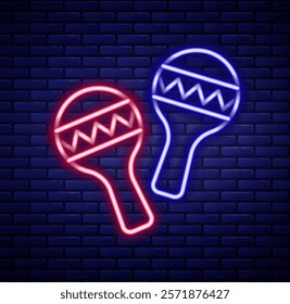 Glowing neon line Maracas icon isolated on brick wall background. Music maracas instrument mexico. Colorful outline concept. Vector