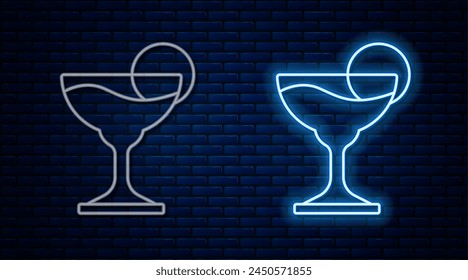 Glowing neon line Margarita cocktail glass with lime icon isolated on brick wall background.  Vector