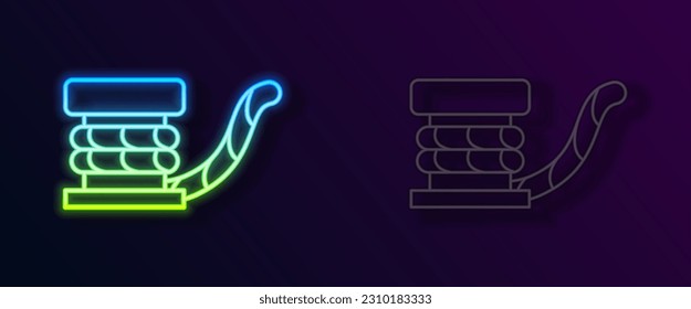 Glowing neon line Marine bollard with rope tied on pier icon isolated on black background.  Vector