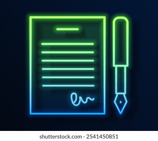 Glowing neon line Marriage contract icon isolated on blue background. Wedding certificate.  Vector