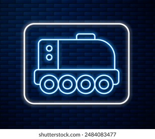 Glowing neon line Mars rover icon isolated on brick wall background. Space rover. Moonwalker sign. Apparatus for studying planets surface.  Vector