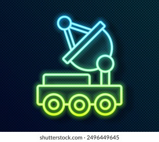 Glowing neon line Mars rover icon isolated on black background. Space rover. Moonwalker sign. Apparatus for studying planets surface.  Vector