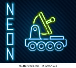 Glowing neon line Mars rover icon isolated on black background. Space rover. Moonwalker sign. Apparatus for studying planets surface. Colorful outline concept. Vector