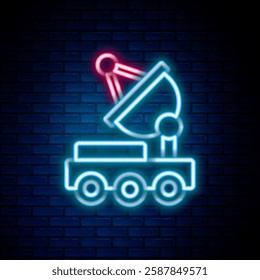 Glowing neon line Mars rover icon isolated on brick wall background. Space rover. Moonwalker sign. Apparatus for studying planets surface. Colorful outline concept. Vector