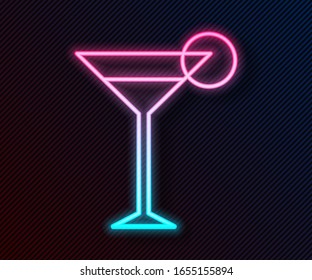 Glowing neon line Martini glass icon isolated on black background. Cocktail icon. Wine glass icon.  Vector Illustration