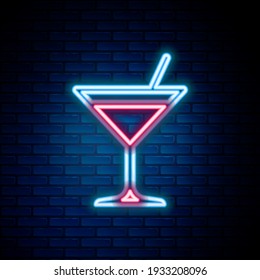 Glowing Neon Line Martini Glass Icon Isolated On Brick Wall Background. Cocktail Icon. Wine Glass Icon. Colorful Outline Concept. Vector