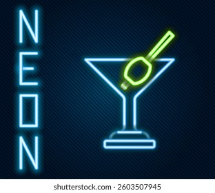 Glowing neon line Martini glass icon isolated on black background. Cocktail icon. Wine glass icon. Colorful outline concept. Vector