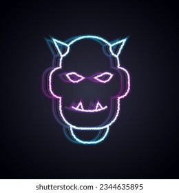 Glowing neon line Mask of the devil with horns icon isolated on black background.  Vector