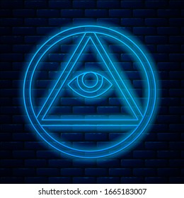 Glowing neon line Masons symbol All-seeing eye of God icon isolated on brick wall background. The eye of Providence in the triangle.  Vector Illustration