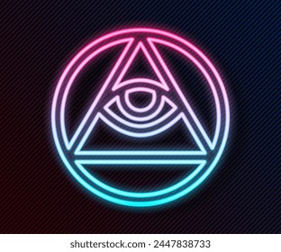 Glowing neon line Masons symbol All-seeing eye of God icon isolated on black background. The eye of Providence in the triangle.  Vector