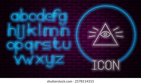 Glowing neon line Masons symbol All-seeing eye of God icon isolated on brick wall background. The eye of Providence in the triangle. Neon light alphabet. Vector Illustration