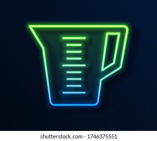 Glowing neon line Measuring cup to measure dry and liquid food icon isolated on blue background. Plastic graduated beaker with handle.  Vector