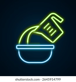Glowing neon line Measuring cup pouring liquid into bowl icon isolated on black background. Plastic graduated beaker with handle. Colorful outline concept. Vector