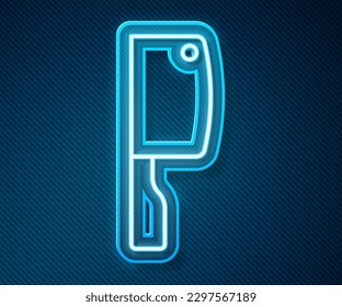 Glowing neon line Meat chopper icon isolated on blue background. Kitchen knife for meat. Butcher knife.  Vector