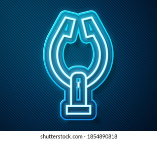 Glowing neon line Meat tongs icon isolated on blue background. BBQ tongs sign. Barbecue and grill tool.  Vector