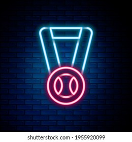 Glowing neon line Medal with baseball ball icon isolated on brick wall background. Winner symbol. Colorful outline concept. Vector