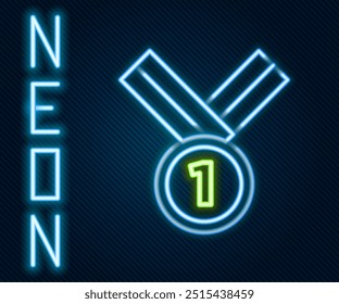 Glowing neon line Medal golf icon isolated on black background. Winner achievement sign. Award medal. Colorful outline concept. Vector