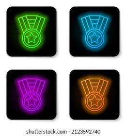 Glowing neon line Medal icon isolated on white background. Winner achievement sign. Award medal. Black square button. Vector