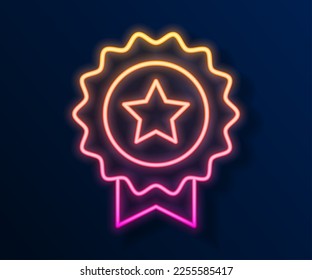 Glowing neon line Medal with star icon isolated on black background. Winner achievement sign. Award medal.  Vector