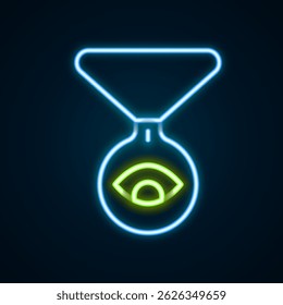 Glowing neon line Medallion on a chain with eye icon isolated on black background. Magic amulet with eye. Colorful outline concept. Vector