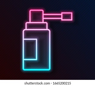 Glowing neon line Medical bottle with nozzle spray for the treatment of diseases of the nose and throat icon isolated on black background.  Vector Illustration