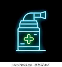 Glowing neon line medical bottle with nozzle spray for the treatment of diseases of the nose and throat icon isolated on black background. Vector illustration