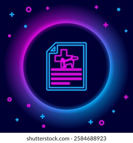 Glowing neon line Medical certificate for travel with dog or cat icon isolated on black background. Document for pet. Dog or cat paw print. Colorful outline concept. Vector