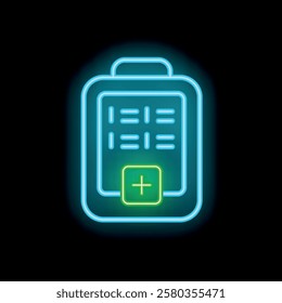 Glowing neon line medical clipboard with clinical chart icon isolated on black background. Health insurance form. Prescription, medical check marks report. Vector