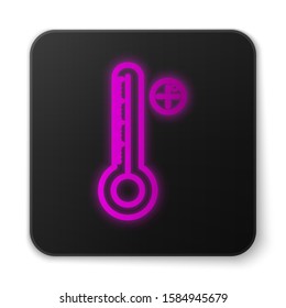 Glowing neon line Medical digital thermometer for medical examination icon isolated on white background. Black square button. Vector Illustration