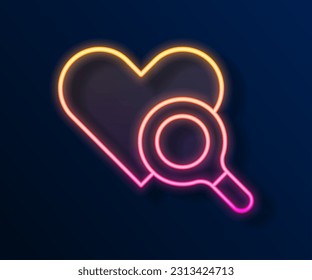 Glowing neon line Medical heart inspection icon isolated on black background. Heart magnifier search.  Vector