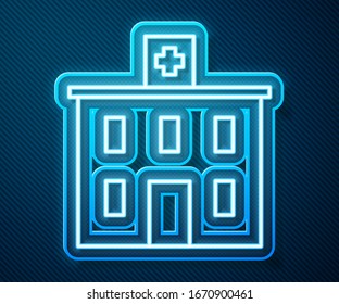 Glowing neon line Medical hospital building with cross icon isolated on blue background. Medical center. Health care.  Vector Illustration