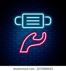 Glowing neon line Medical protective mask icon isolated on brick wall background. Colorful outline concept. Vector