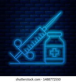 Glowing neon line Medical syringe with needle and vial or ampoule icon isolated on brick wall background. Vaccination, injection, vaccine, insulin concept.  Vector Illustration