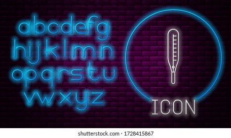 Glowing neon line Medical thermometer for medical examination icon isolated on brick wall background. Neon light alphabet. Vector Illustration